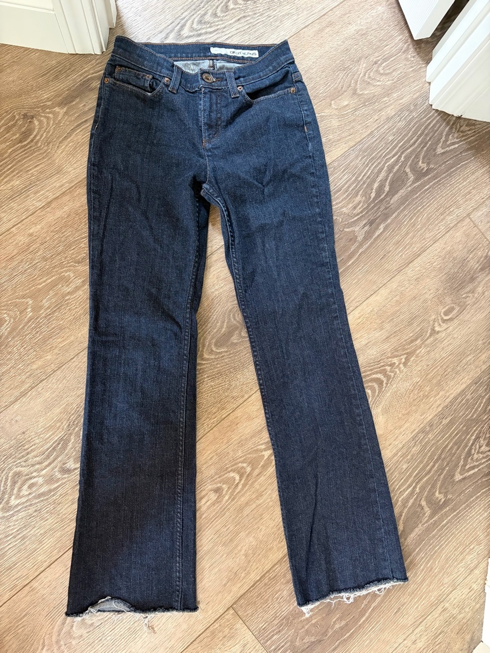 DKNY Dark Indigo Flare Jeans with Frayed Hem